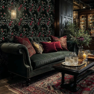 Dark floral wallpaper with crimson blooms and sage foliage in luxurious living room with emerald sofa