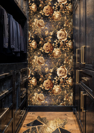Dark floral wallpaper with gold roses on black, in a closet with cabinets and brass pulls