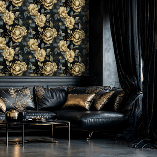 Dark floral wallpaper with golden peonies and blue leaves in elegant living room with leather sofa
