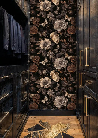 Dark floral wallpaper with monarch butterflies and roses, featured in luxury closet with gold fixtures