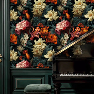Dark floral wallpaper with roses, lilies and wildflowers on black background in elegant music room with piano
