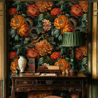 Dark floral wallpaper with serpents displayed in traditional study with wooden writing desk
