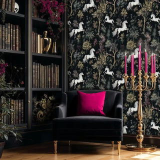 Dark forest horse wallpaper with white stallions and golden trees, displayed in sophisticated library with candelabra