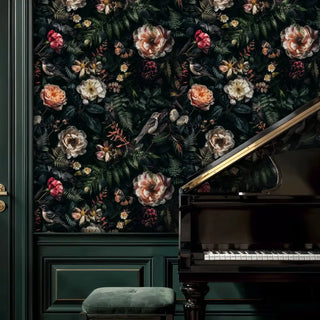 Dark garden wallpaper with birds, roses, and ferns shown in elegant music room with grand piano