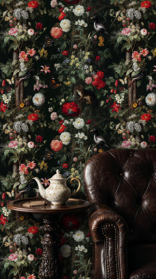 Dark garden wallpaper with painted roses and wildlife, beside a leather armchair and porcelain teapot on side table