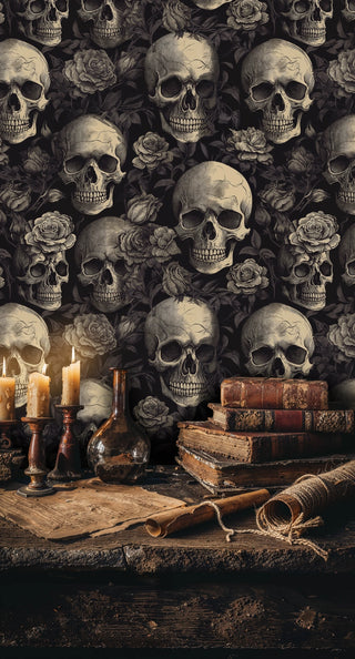 Dark gothic skull pattern wallpaper featuring roses in moody study with vintage candles and leather books