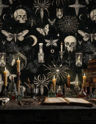 Dark gothic wallpaper with skulls, butterflies and mystical elements in alchemist study with candles