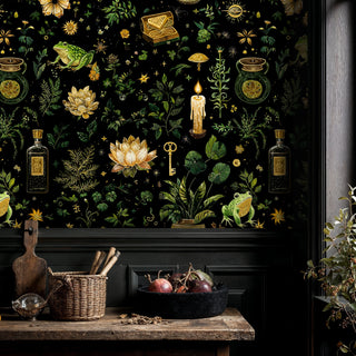 Dark mystical wallpaper with botanical elements, displayed in kitchen setting with wooden countertop and fruit bowl