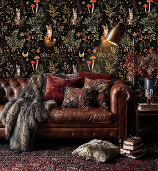 Dark mystical wallpaper with forest animals and mushrooms, displayed in cozy living room with fur throw