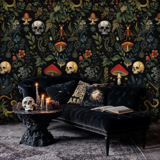 dark mystical wallpaper with skulls and mushrooms in sophisticated bedroom with velvet chaise
