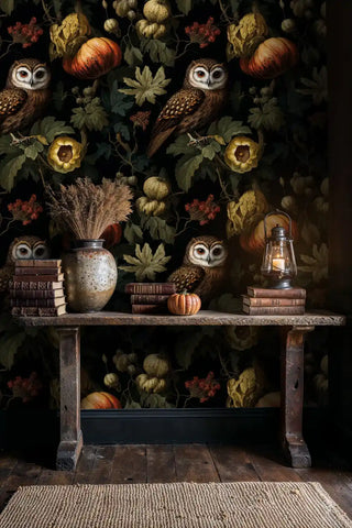 Dark owl botanical wallpaper with pumpkins, with a rustic console, books and lantern