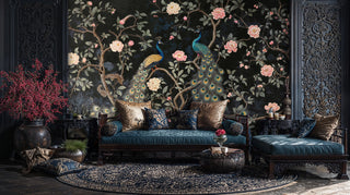 Dark peacock chinoiserie wall mural with pink peonies, in an opulent lounge with blue daybed and red berry branches