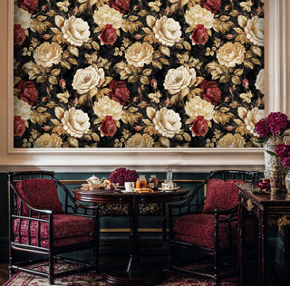 Dark romantic wallpaper featuring cream and burgundy roses, shown in formal dining area with antique wooden chairs