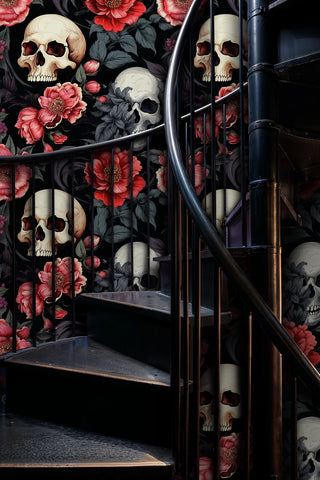 Dark romantic wallpaper featuring skulls and coral blooms on dramatic staircase with metal railings