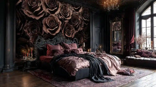 Dark rose wall mural with burgundy blooms in ornate bedroom with crystal chandelier and velvet bedding