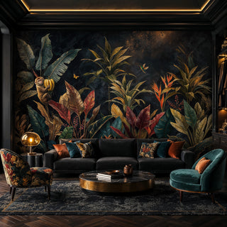 Dark tropical jungle wall mural with monkey, lush foliage, and hummingbird in a moody luxe living room with gold lamp