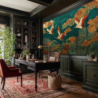 Decorative crane wall mural with gilded details in traditional home office with dark wood desk