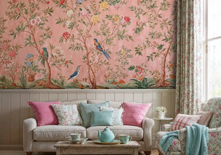 Decorative Wall Mural featuring birds and botanical elements, displayed in cottage-style living room with wainscoting