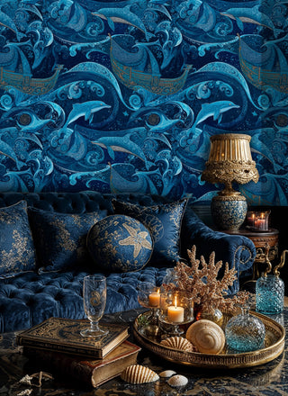 deep blue oceanic wallpaper with swimming dolphins, displayed in luxurious living room with ornate lamp