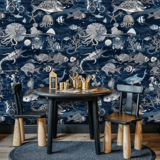 Deep sea adventure wallpaper featuring tropical fish, shown in home office with round wooden table