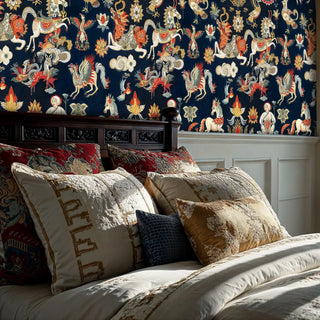 detailed Asian mythology wallpaper with dragons and birds, displayed in bedroom with dark wooden headboard