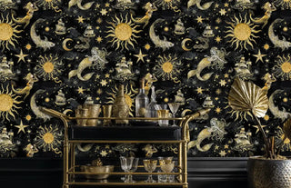 Detailed celestial wall mural featuring mermaids and sailing ships in luxurious dining room with gold bar cart