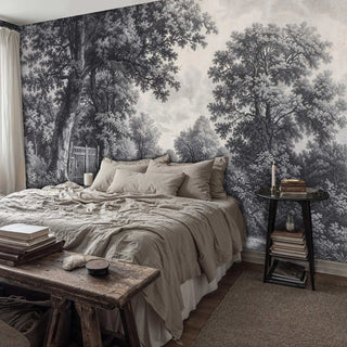 Detailed countryside wallpaper with trees and winding path in sepia tones, shown in cozy bedroom with wooden bench