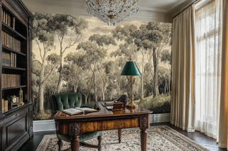 Detailed eucalyptus landscape wall mural in sepia tones shown in classic home office with antique wooden desk