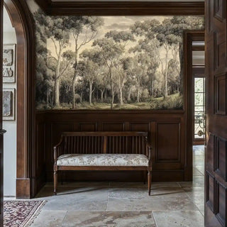 Detailed forest wall mural with eucalyptus trees shown in elegant hallway with dark wood paneling