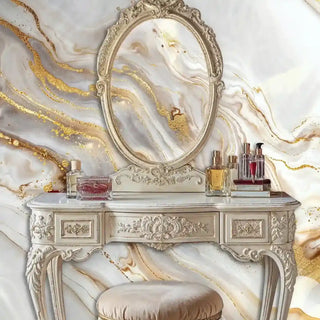 Detailed gilded marble Wall Mural in white and gold, shown with a vanity and oval mirror