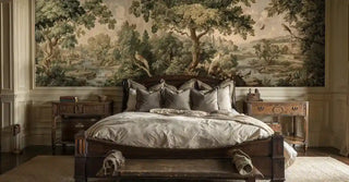 Detailed landscape wall mural featuring waterfalls and wildlife, displayed in traditional bedroom with wooden furniture