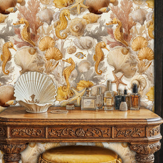 Detailed marine wallpaper with seahorses and coral designs in ornate bathroom with vintage vanity