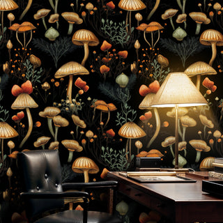 Detailed mushroom forest wallpaper featuring intricate fungi patterns, shown in modern home office with leather chair
