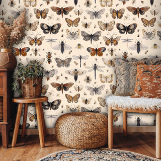 detailed naturalist wallpaper with colorful butterflies and bees, displayed in living room with wicker ottoman