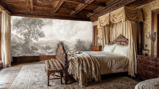 Detailed pastoral scene wall mural showing ancient trees and mountains in luxurious bedroom with ornate carved bed