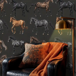 Detailed stallion wallpaper pattern, displayed in masculine space with leather armchair and brass floor lamp