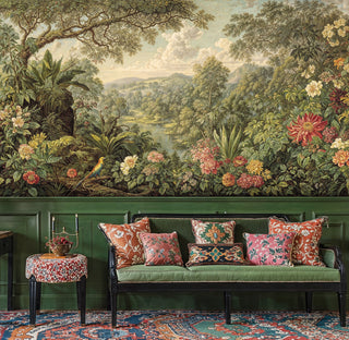Detailed tropical landscape wall mural featuring colorful birds in elegant living room with patterned pillows
