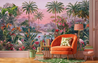 Detailed tropical wall mural featuring palm trees, flamingos, and lush botanicals, displayed in modern reading nook with orange chair