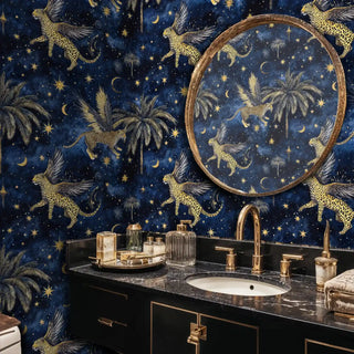 Detailed view of a celestial wallpaper with winged leopards and moons, above a marble vanity