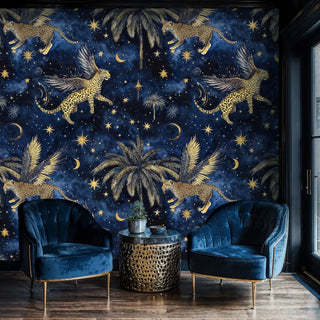 Detailed view of a celestial wallpaper with winged leopards and stars on navy, with blue chairs