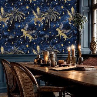 Detailed view of a celestial wallpaper with winged leopards, gold stars on navy, in a dining nook