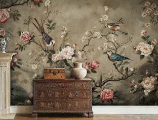 Detailed view of a Chinoiserie bird and floral Wall Mural in a classic room behind an ornate dark wood chest of drawers.