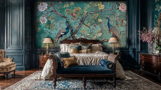 Detailed view of a chinoiserie peacock wall mural in teal with gold blooms, behind wood bed