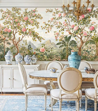 Detailed view of a chinoiserie Wall Mural featuring pink blooms, birds, green; chandelier