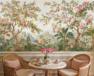 Detailed view of a chinoiserie Wall Mural featuring pink blooms, birds, green; marble bistro set