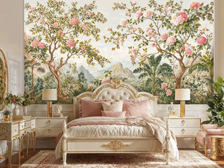 Detailed view of a chinoiserie Wall Mural featuring pink blooms, birds, green; tufted bed, gold