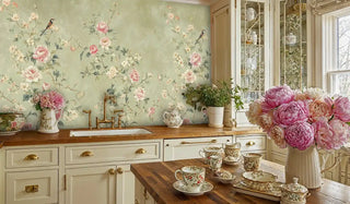 Detailed view of a chinoiserie Wall Mural; peonies and birds; green/pink; with brass faucet