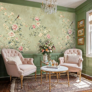 Detailed view of a chinoiserie Wall Mural; peonies, songbirds; green/pink; with chandelier