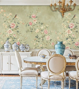 Detailed view of a chinoiserie Wall Mural; peonies, songbirds; green/pink; with ginger jars