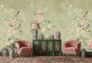 Detailed view of a chinoiserie Wall Mural; peonies/birds; green/pink; with green cabinet